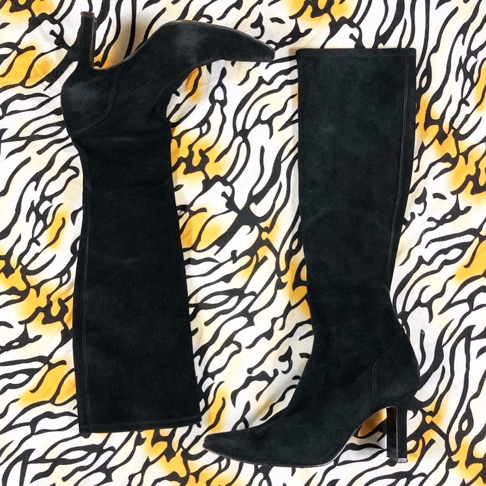 Vintage 90s Stuart Weitzman Designer Black Suede Leather Pointed Toe Tall Boots